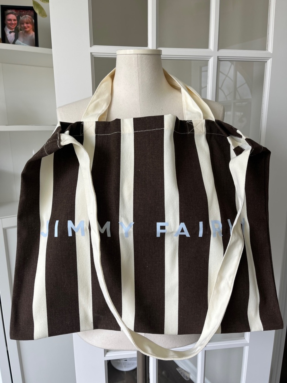 SET OF 2 Jimmy Fairly Ivory Brown Black Canvas Tote Bag with Black Logo Straps - Picture 4 of 5